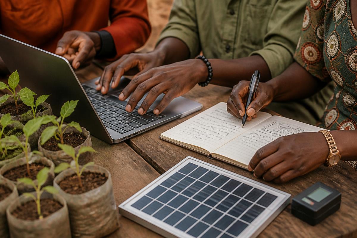 Hands working together on a laptop, notebook, and solar panel surrounded by seedlings